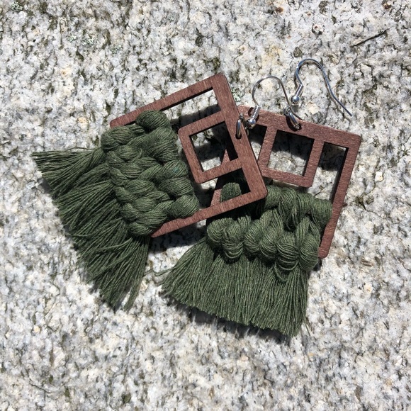 Green Tassel Earring | Dark Wood Cotton & Silver - Picture 4 of 8